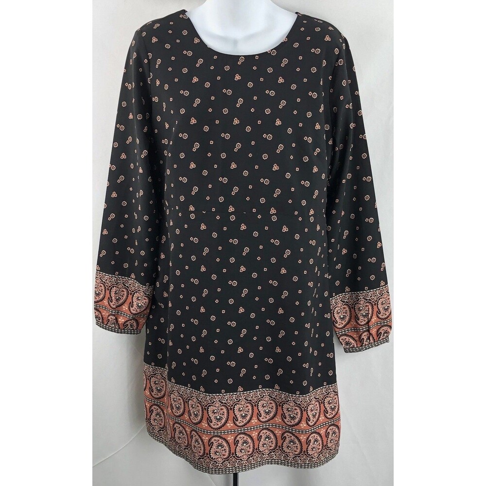Abercrombie & Fitch shift dress M Blk Peach Paisley Geo Silky Tunic Cottage boho